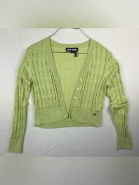 DKNY Jeans Vintage Y2K Cropped Cardigan Sweater Lime Sage Green Pointelle Knit